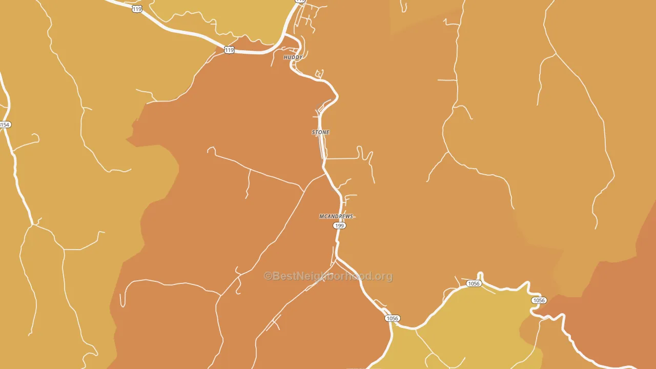 Map of the best neighborhoods in the Stone area, with better matches in green and worse matches in red