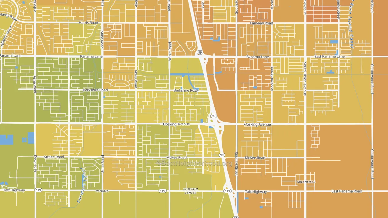 Map of the best neighborhoods in the Stone Meadows, Bakersfield area, with better matches in green and worse matches in red