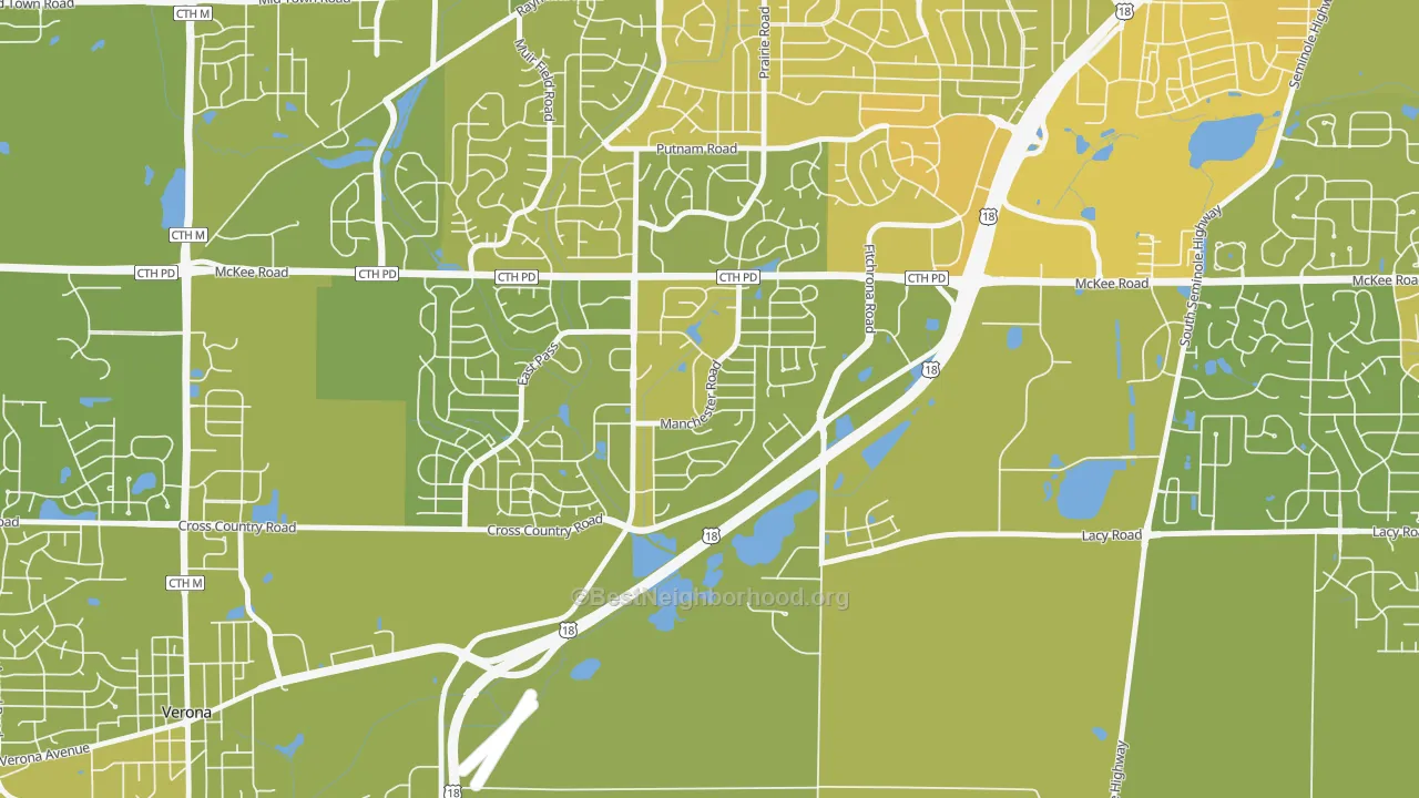Map of the best neighborhoods in the Stone Meadows, Madison area, with better matches in green and worse matches in red
