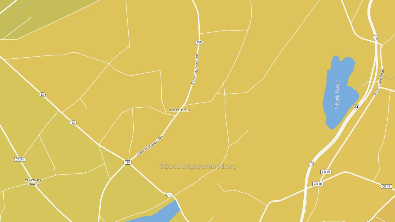 Map of the best neighborhoods in the Stone Mills area, with better matches in green and worse matches in red