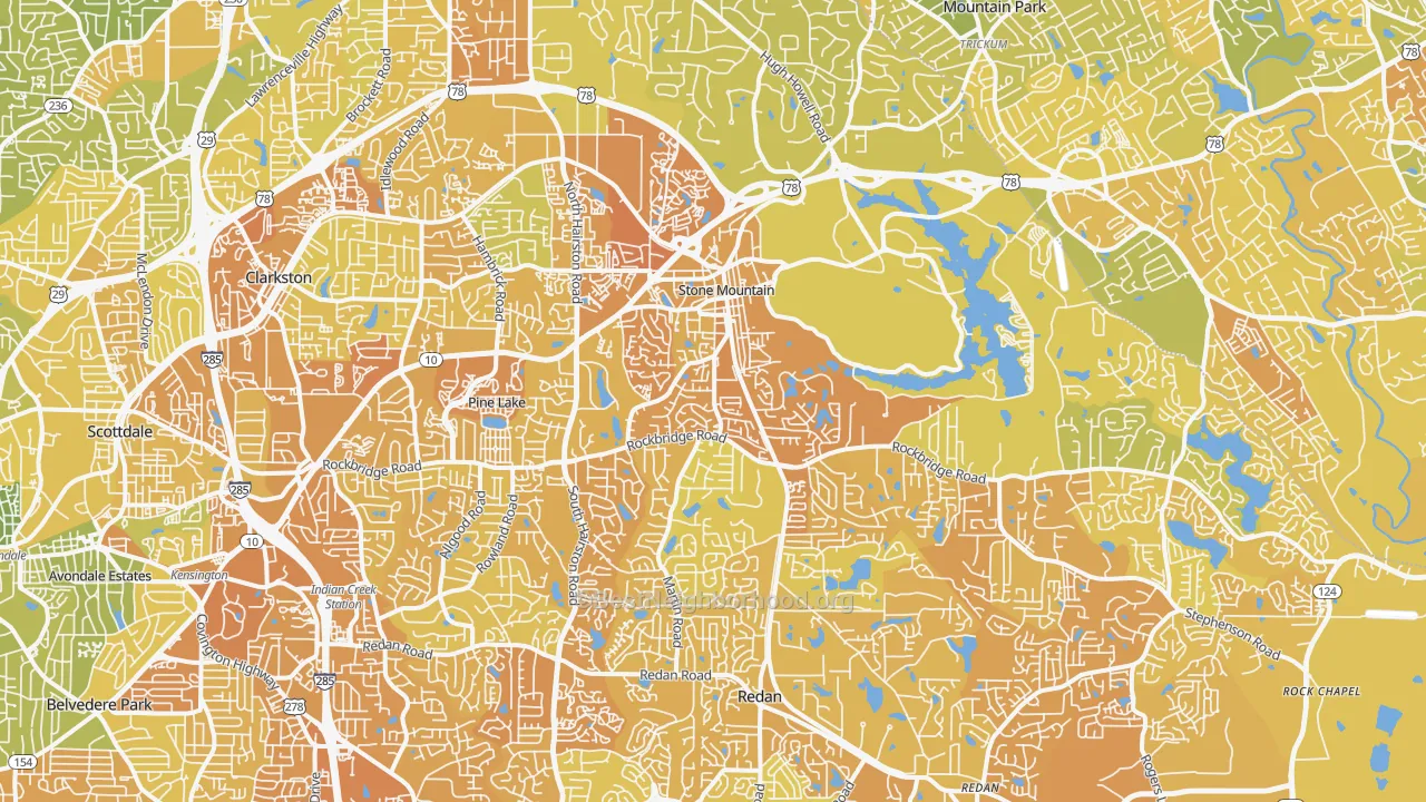 Map of the best neighborhoods in the Stone Mountain area, with better matches in green and worse matches in red
