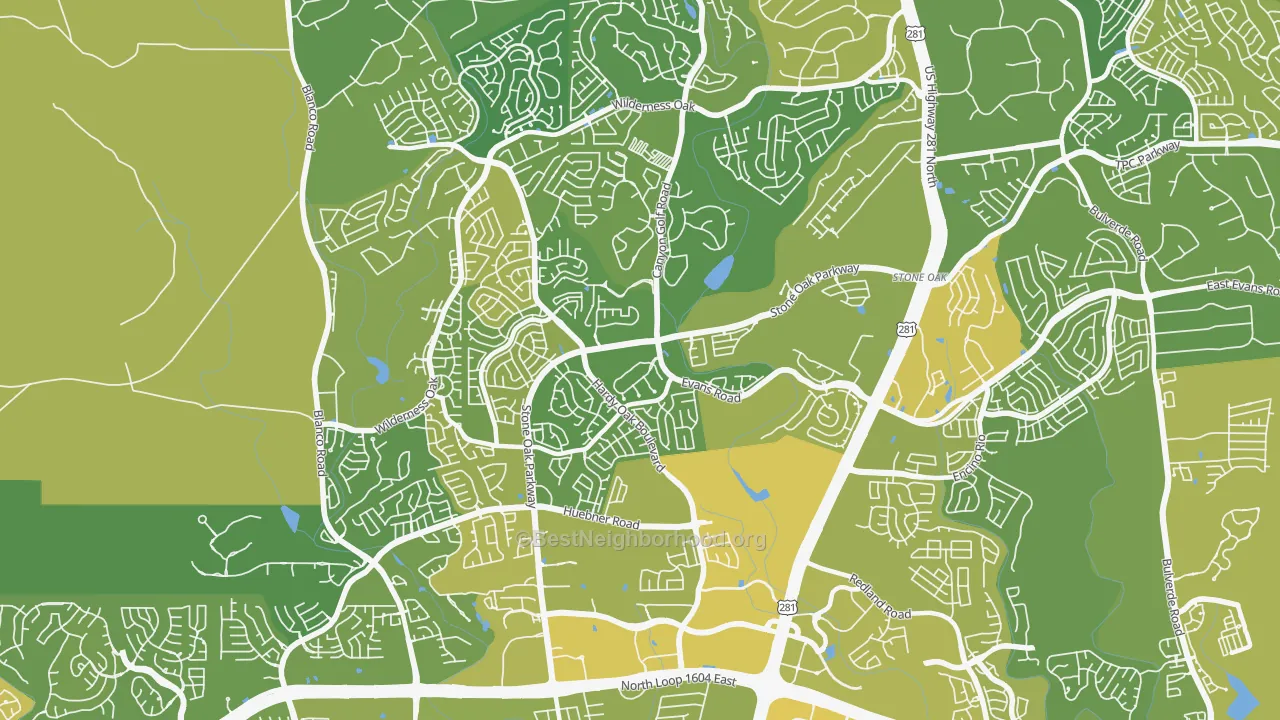 Map of the best neighborhoods in the Stone Oak, San Antonio area, with better matches in green and worse matches in red