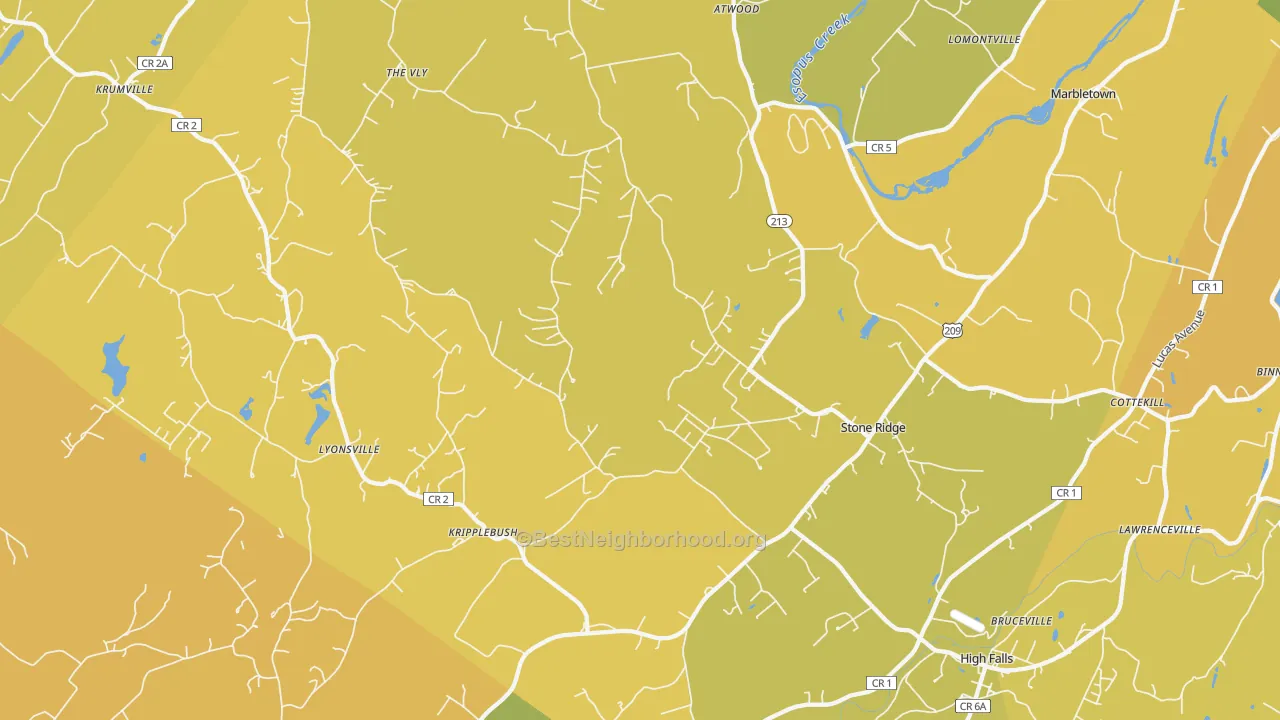 Map of the best neighborhoods in the Stone Ridge area, with better matches in green and worse matches in red