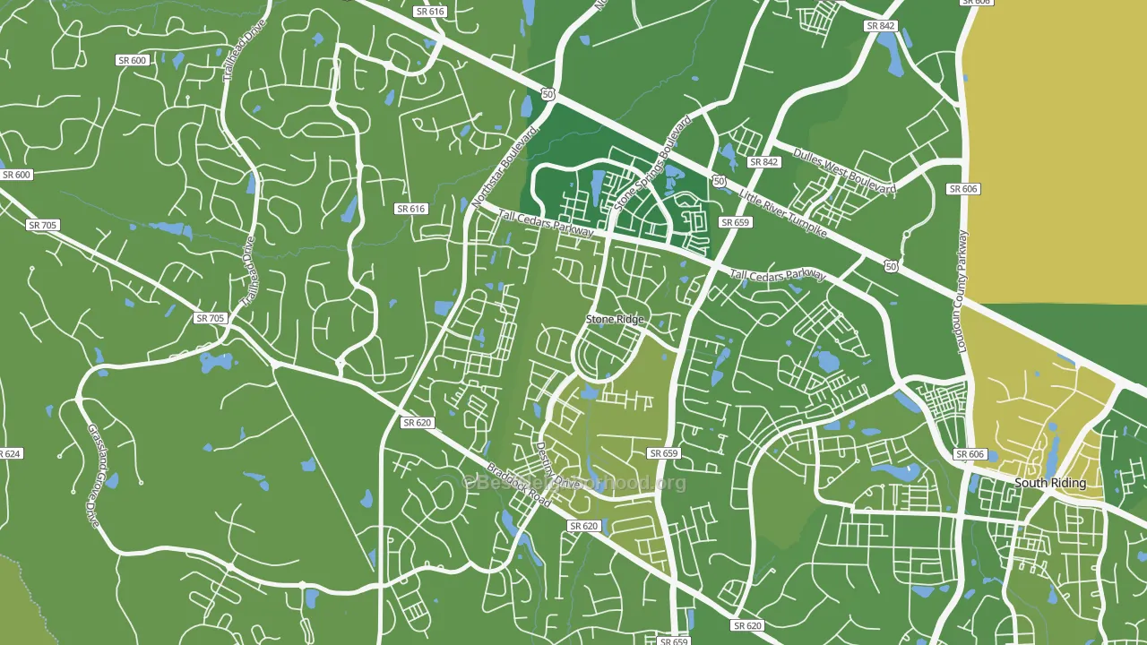Map of the best neighborhoods in the Stone Ridge area, with better matches in green and worse matches in red
