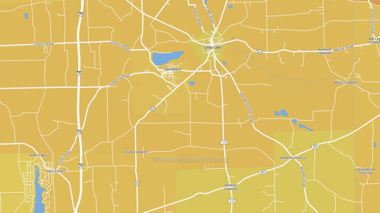 Map of the best neighborhoods in the Stoneboro area, with better matches in green and worse matches in red