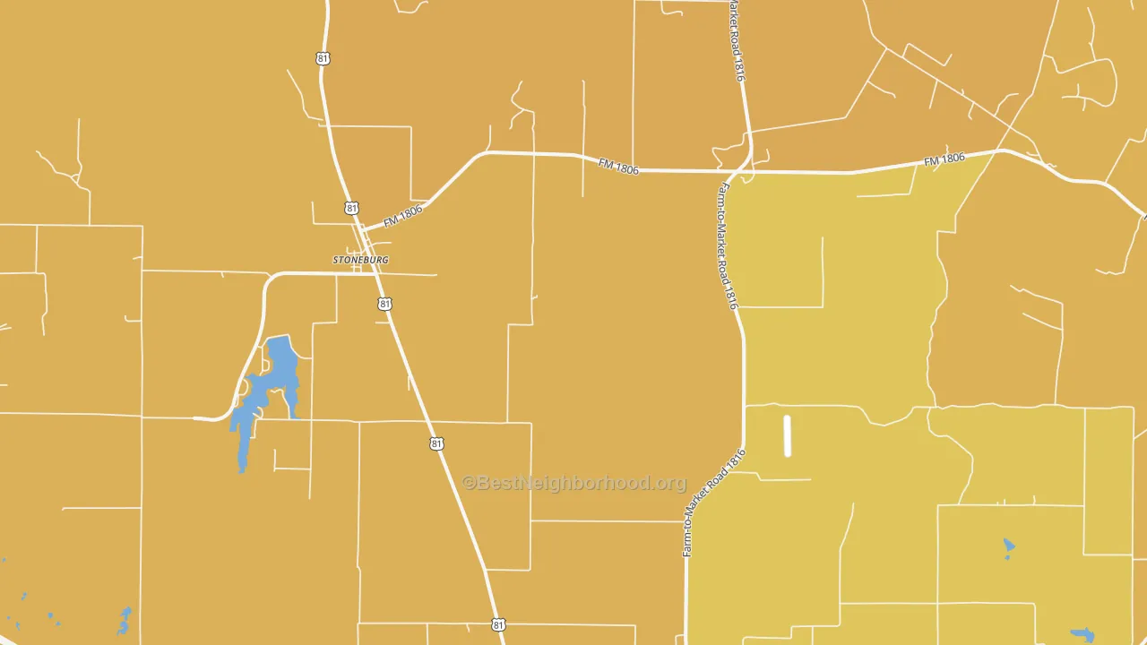 Map of the best neighborhoods in the Stoneburg area, with better matches in green and worse matches in red