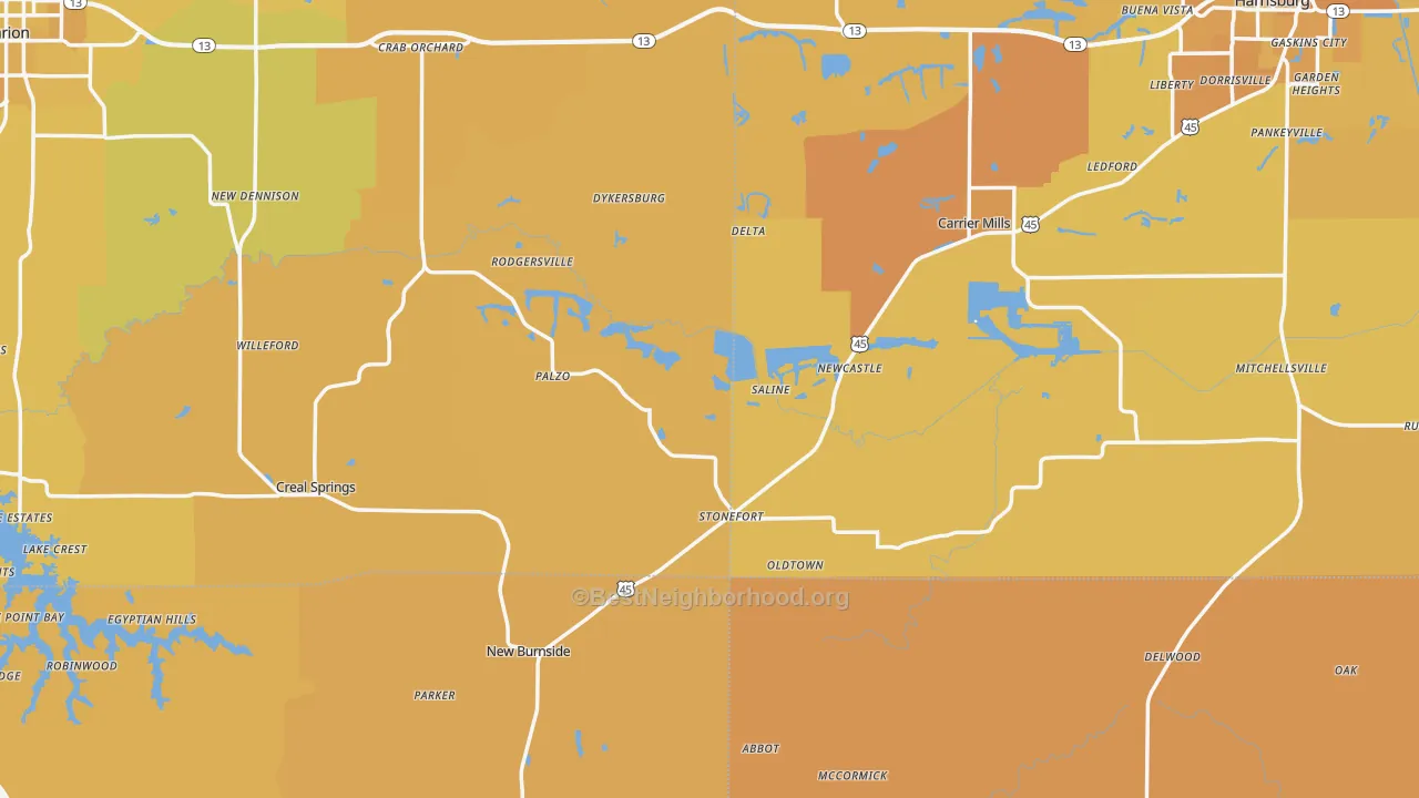 Map of the best neighborhoods in the Stonefort area, with better matches in green and worse matches in red
