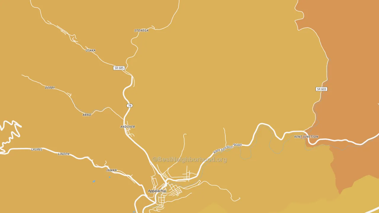 Map of the best neighborhoods in the Stonega area, with better matches in green and worse matches in red