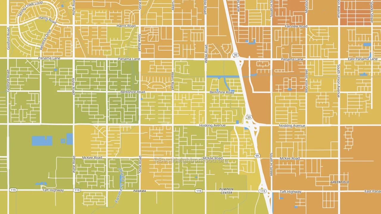 Map of the best neighborhoods in the Stonegate, Bakersfield area, with better matches in green and worse matches in red