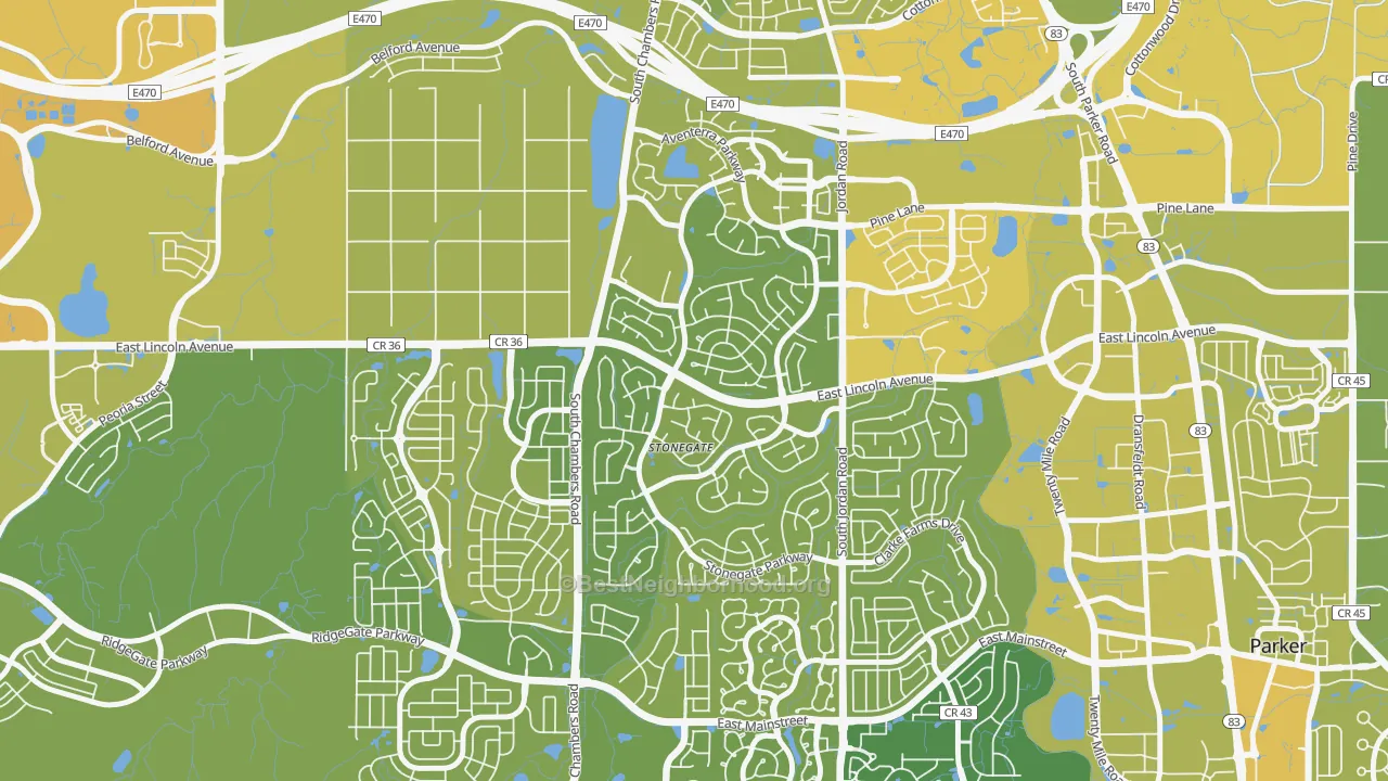 Map of the best neighborhoods in the Stonegate area, with better matches in green and worse matches in red