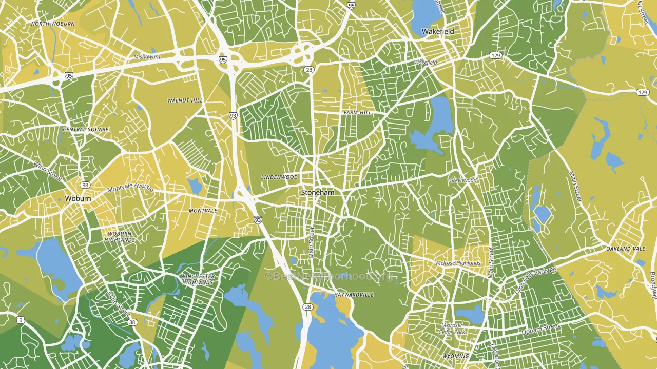 Map of the best neighborhoods in the Stoneham area, with better matches in green and worse matches in red