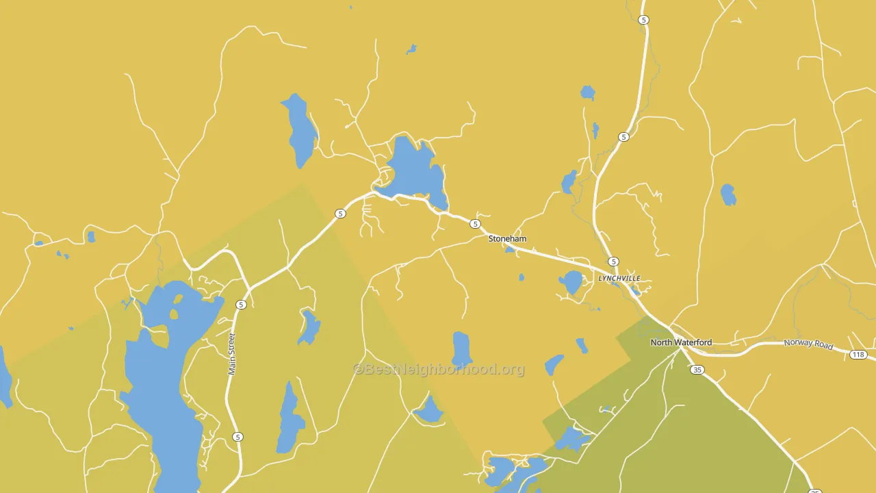Map of the best neighborhoods in the Stoneham area, with better matches in green and worse matches in red