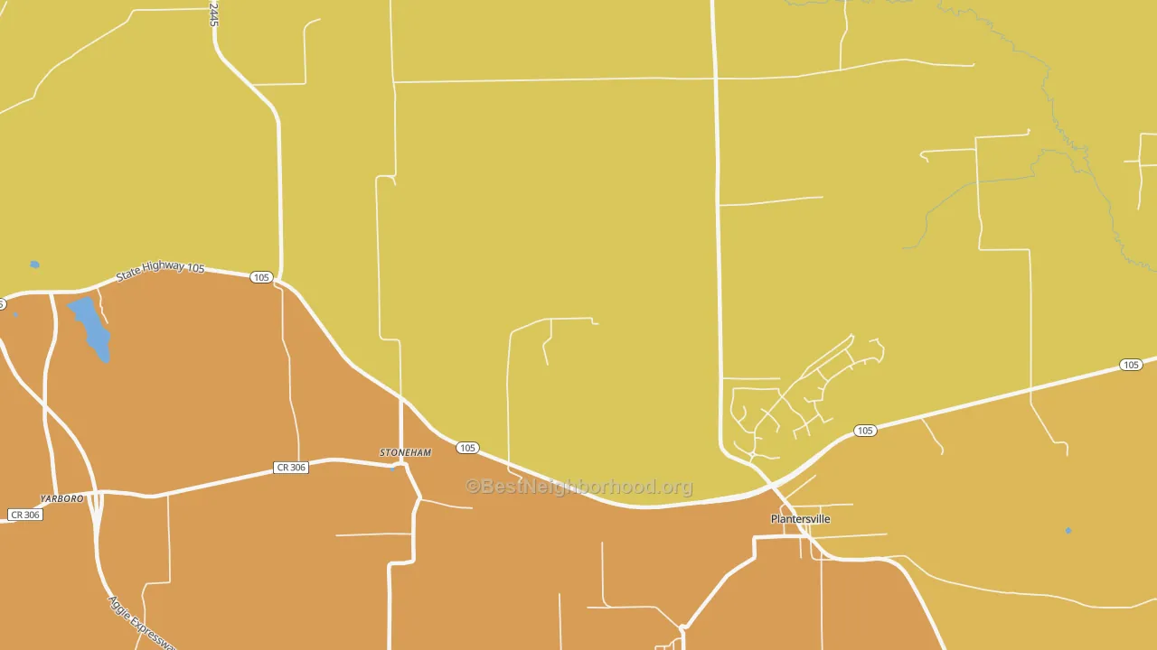 Map of the best neighborhoods in the Stoneham area, with better matches in green and worse matches in red