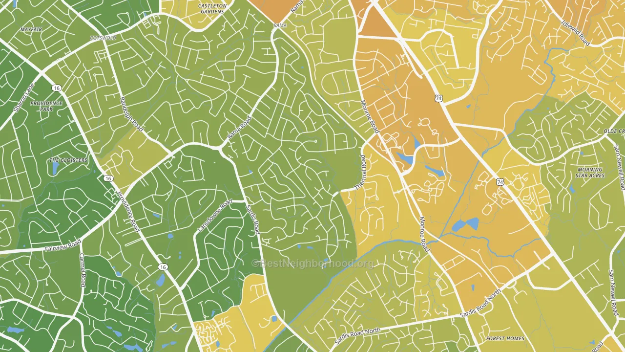 Map of the best neighborhoods in the Stonehaven, Charlotte area, with better matches in green and worse matches in red