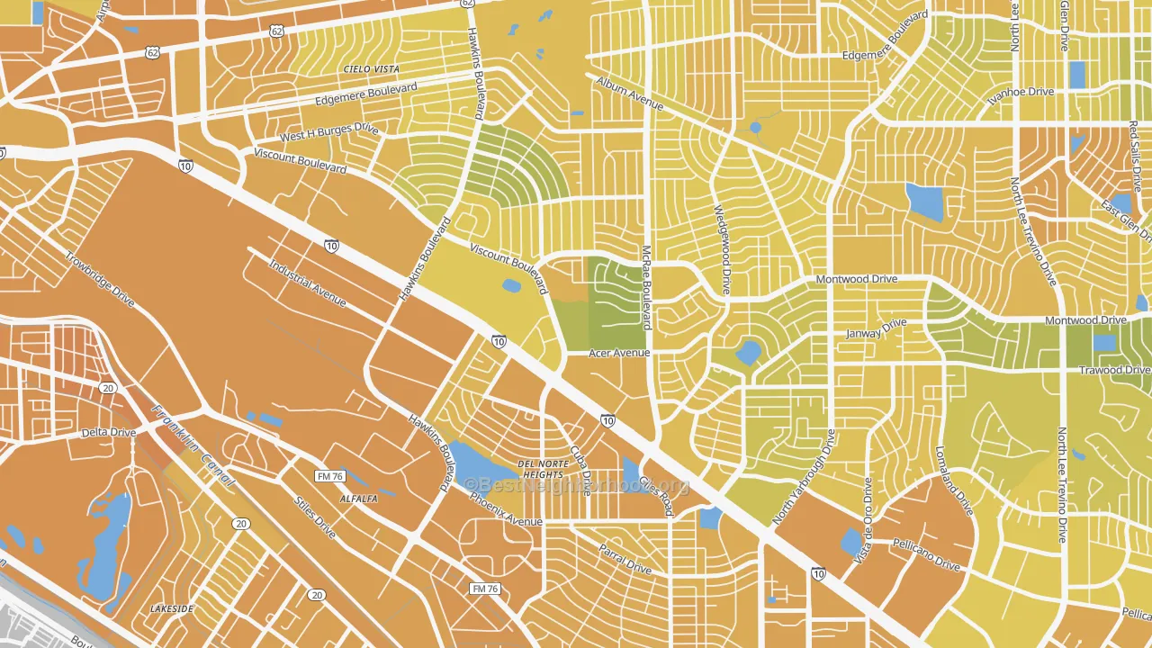 Map of the best neighborhoods in the Stonehaven, El Paso area, with better matches in green and worse matches in red