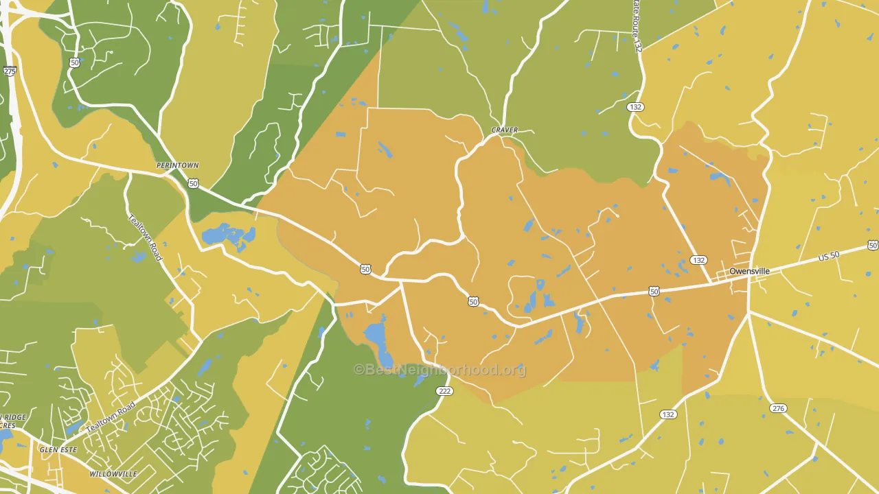 Map of the best neighborhoods in the Stonelick area, with better matches in green and worse matches in red