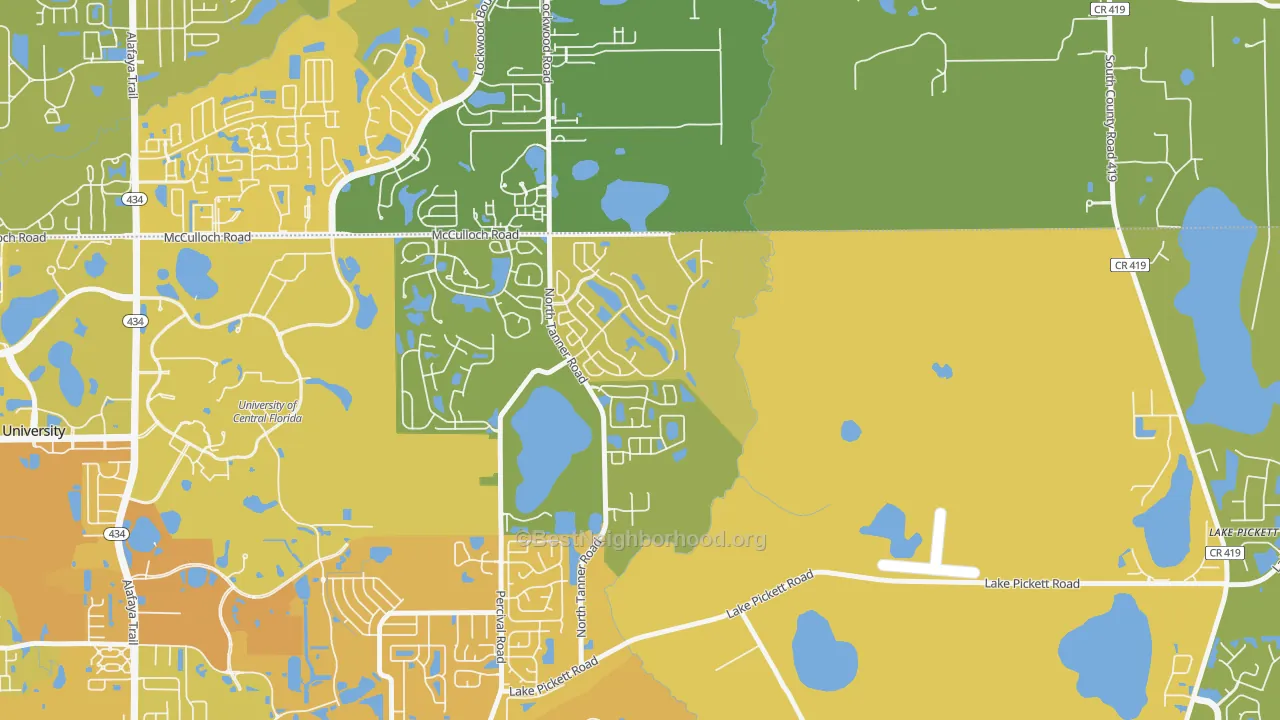 Map of the best neighborhoods in the Stonemeade, Alafaya area, with better matches in green and worse matches in red