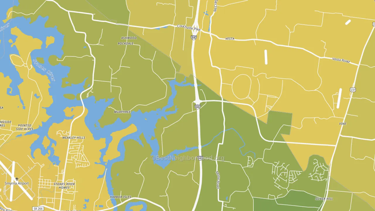 Map of the best neighborhoods in the Stones River Homes area, with better matches in green and worse matches in red