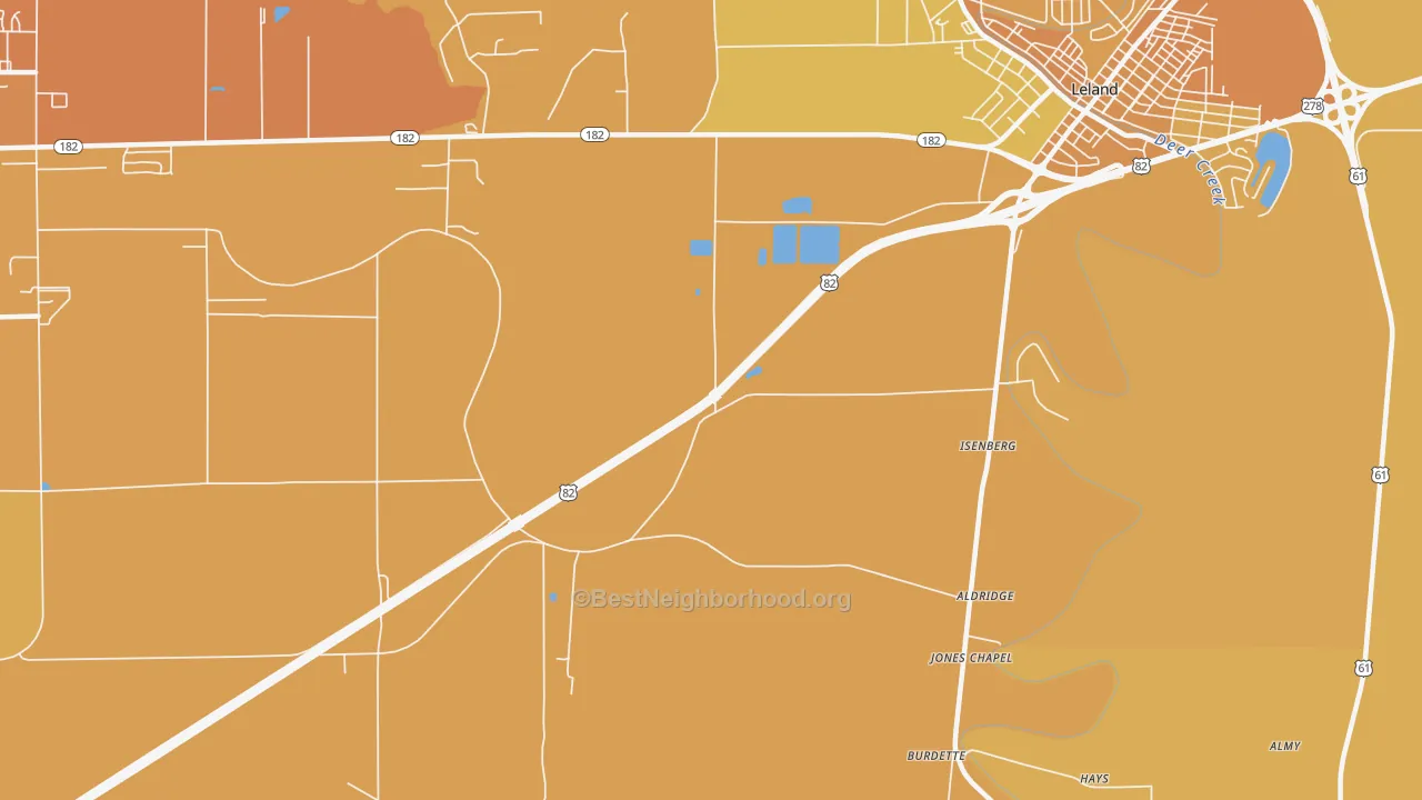 Map of the best neighborhoods in the Stoneville area, with better matches in green and worse matches in red