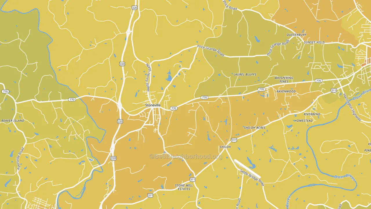 Map of the best neighborhoods in the Stoneville area, with better matches in green and worse matches in red