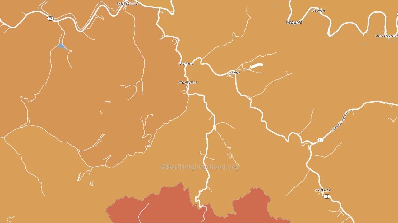 Map of the best neighborhoods in the Stoneville area, with better matches in green and worse matches in red