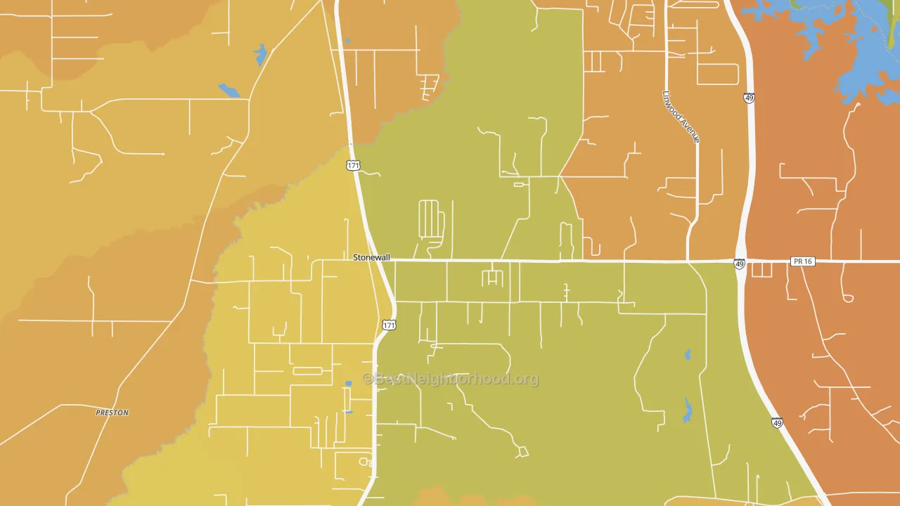 Map of the best neighborhoods in the Stonewall area, with better matches in green and worse matches in red