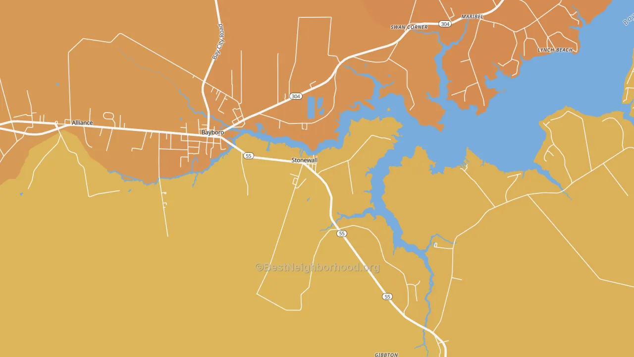 Map of the best neighborhoods in the Stonewall area, with better matches in green and worse matches in red