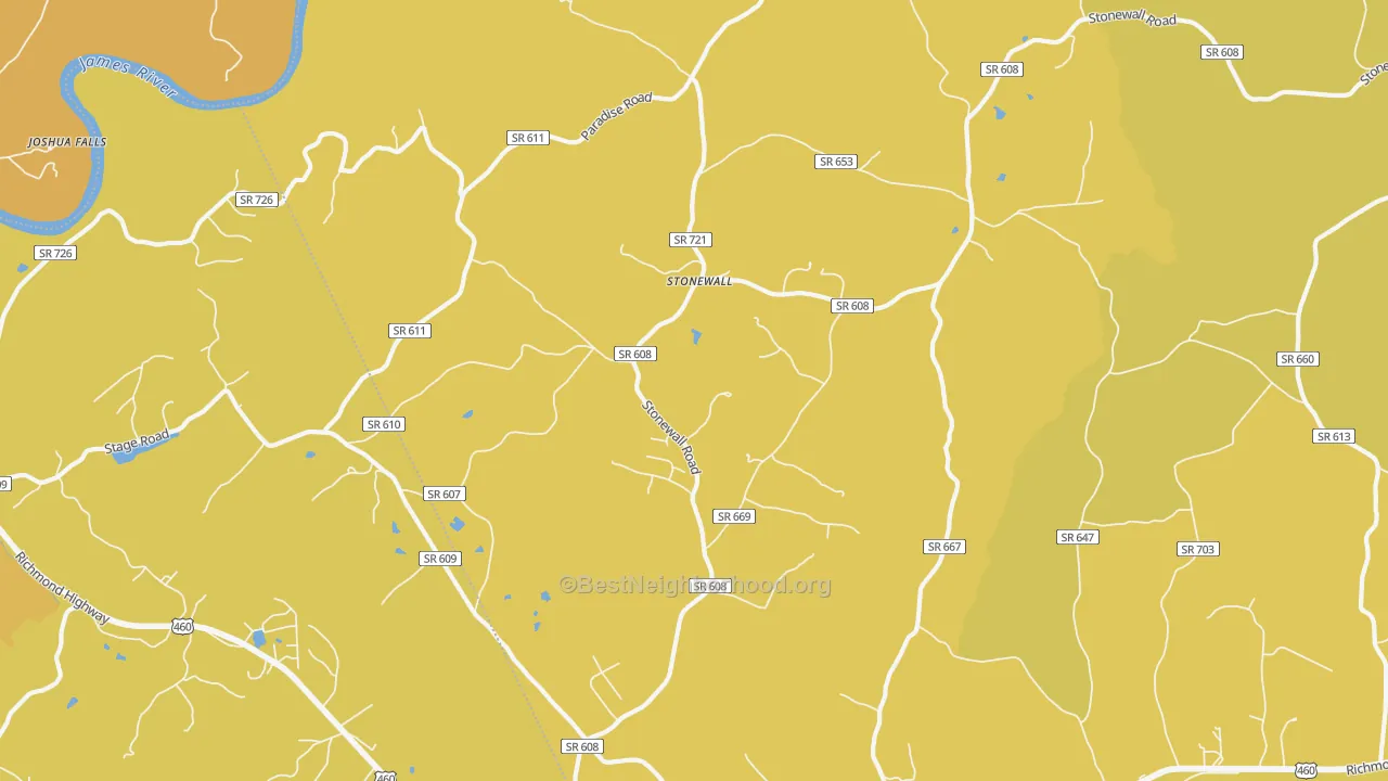 Map of the best neighborhoods in the Stonewall area, with better matches in green and worse matches in red