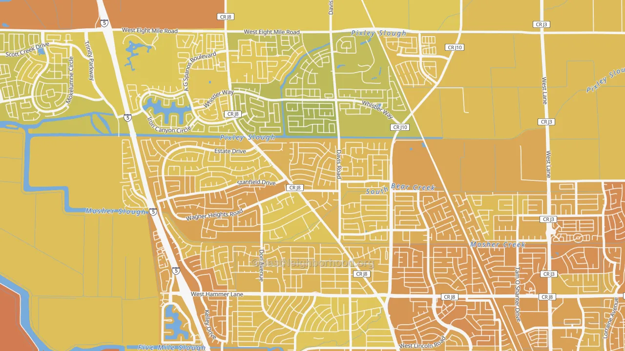 Map of the best neighborhoods in the Stonewood, Stockton area, with better matches in green and worse matches in red