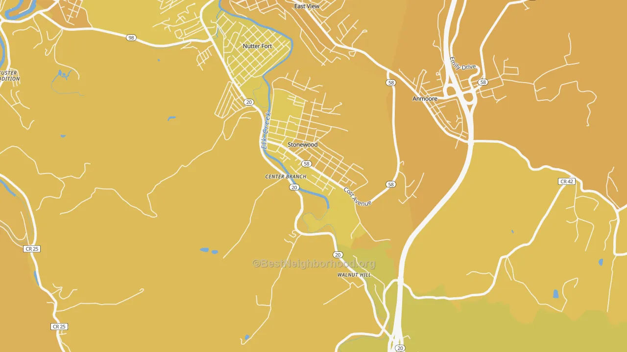 Map of the best neighborhoods in the Stonewood area, with better matches in green and worse matches in red