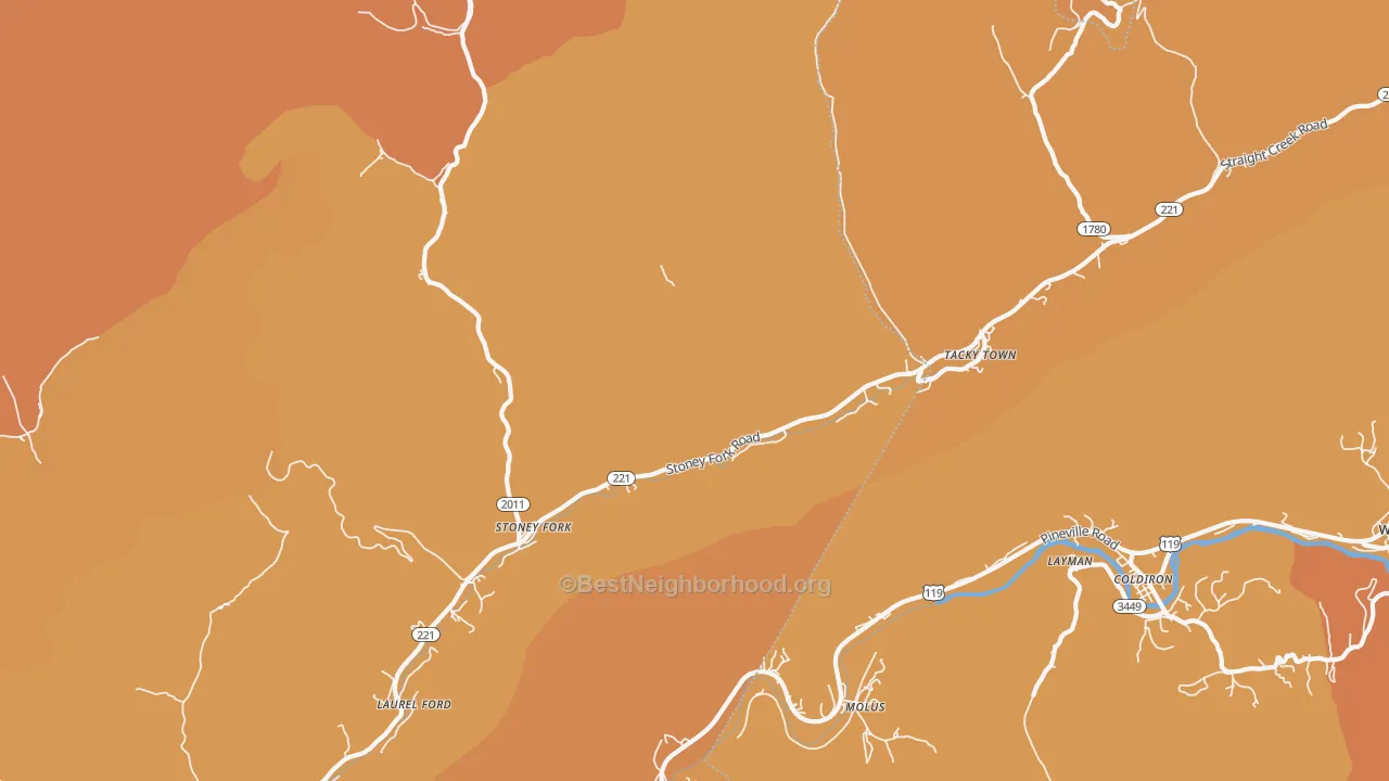 Map of the best neighborhoods in the Stoney Fork area, with better matches in green and worse matches in red