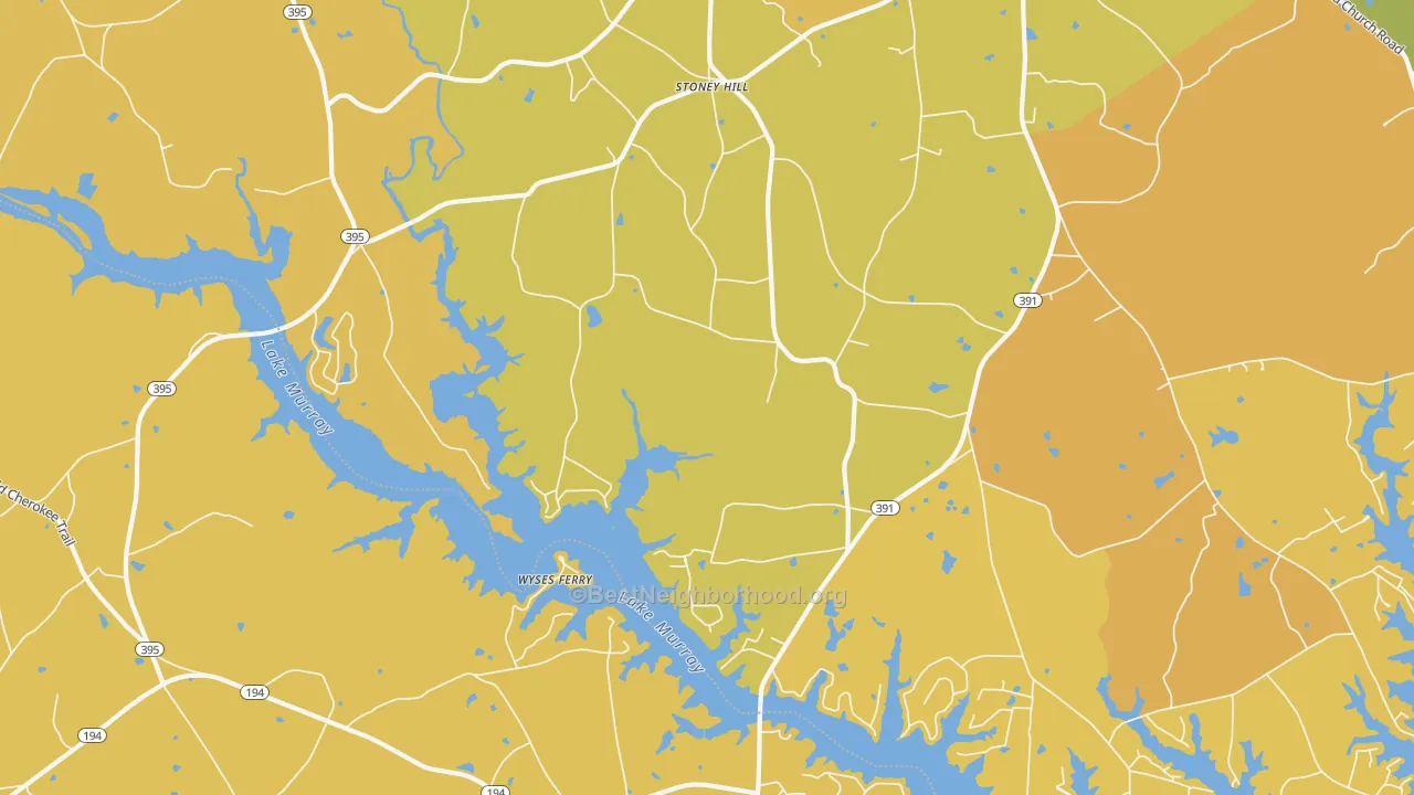 Map of the best neighborhoods in the Stoney Hill area, with better matches in green and worse matches in red