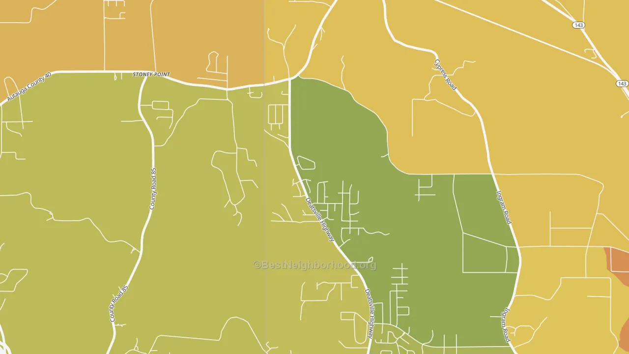 Map of the best neighborhoods in the Stoney Point area, with better matches in green and worse matches in red
