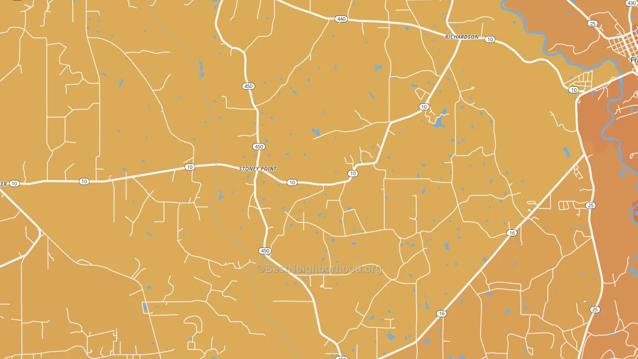 Map of the best neighborhoods in the Stoney Point area, with better matches in green and worse matches in red
