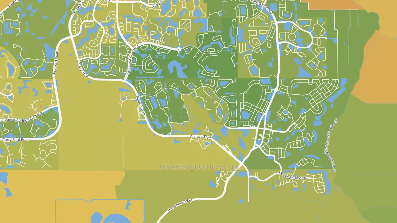 Map of the best neighborhoods in the Stoneybrook, Alafaya area, with better matches in green and worse matches in red