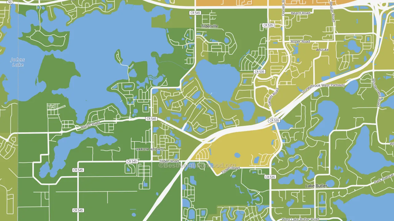 Map of the best neighborhoods in the Stoneybrook West, Winter Garden area, with better matches in green and worse matches in red
