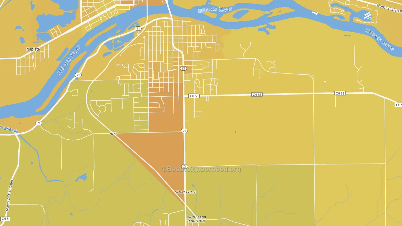 Map of the best neighborhoods in the Stoneyville area, with better matches in green and worse matches in red