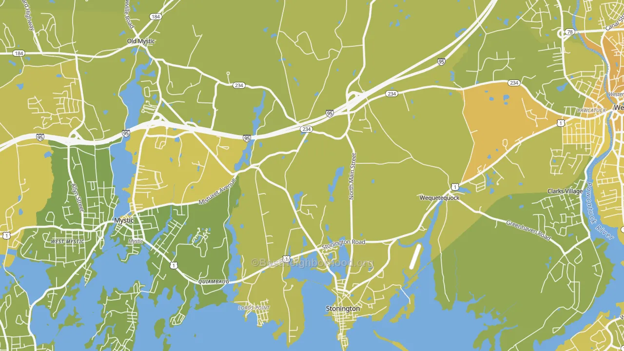 Map of the best neighborhoods in the Stonington area, with better matches in green and worse matches in red