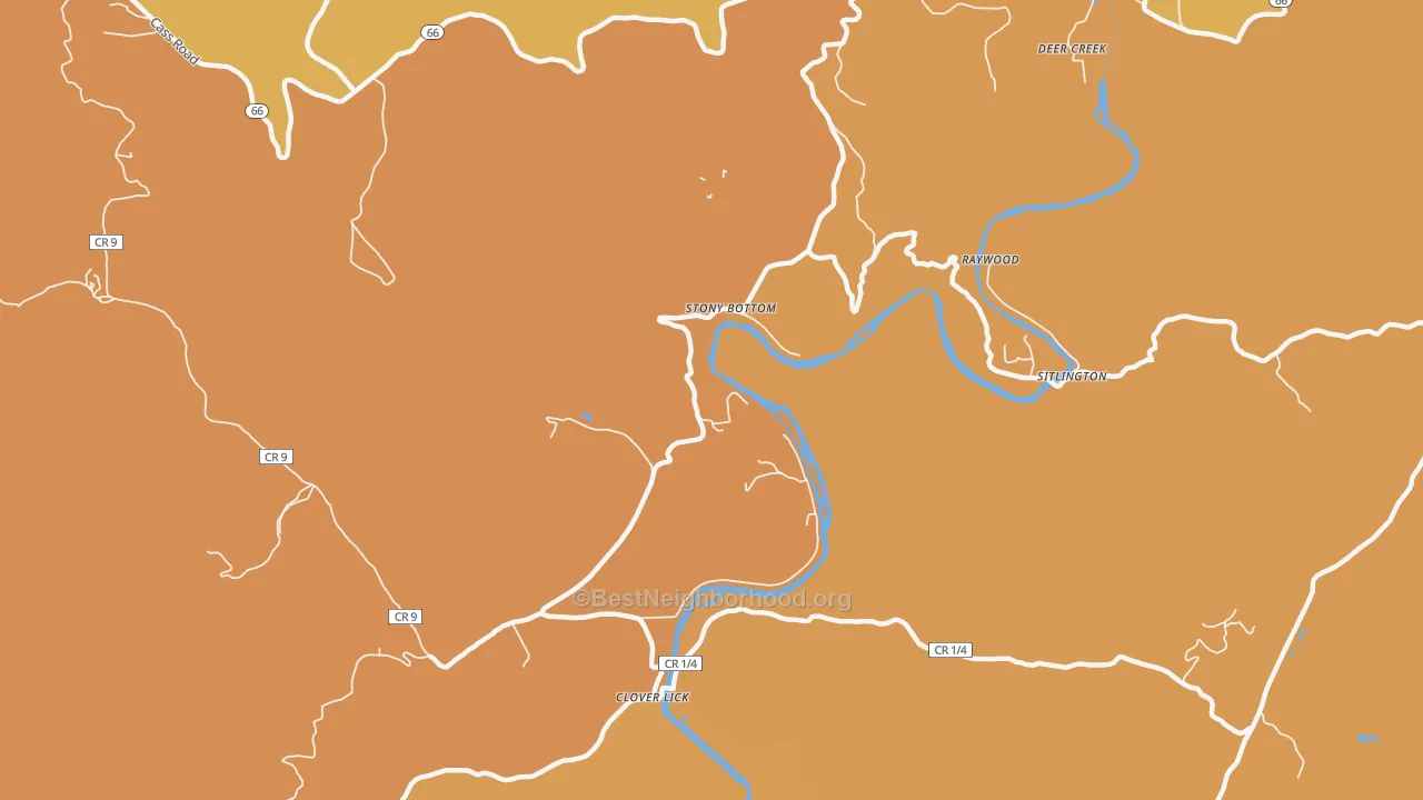 Map of the best neighborhoods in the Stony Bottom area, with better matches in green and worse matches in red