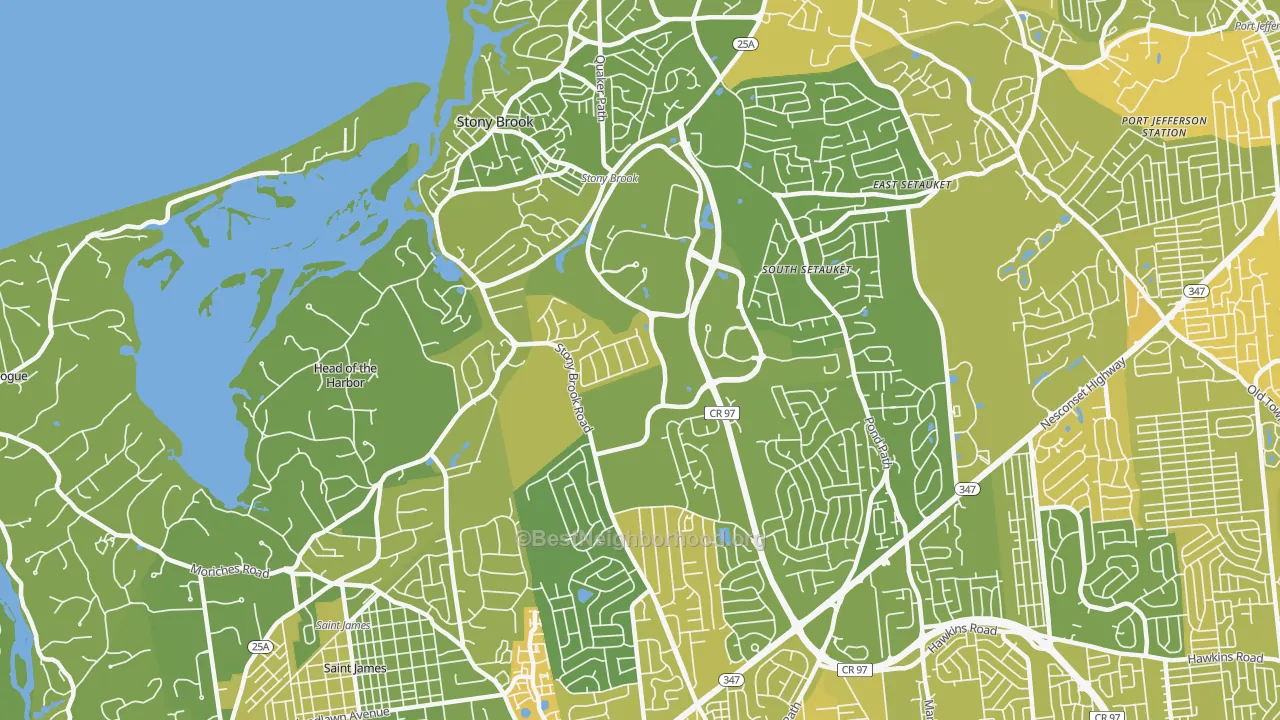Map of the best neighborhoods in the Stony Brook area, with better matches in green and worse matches in red