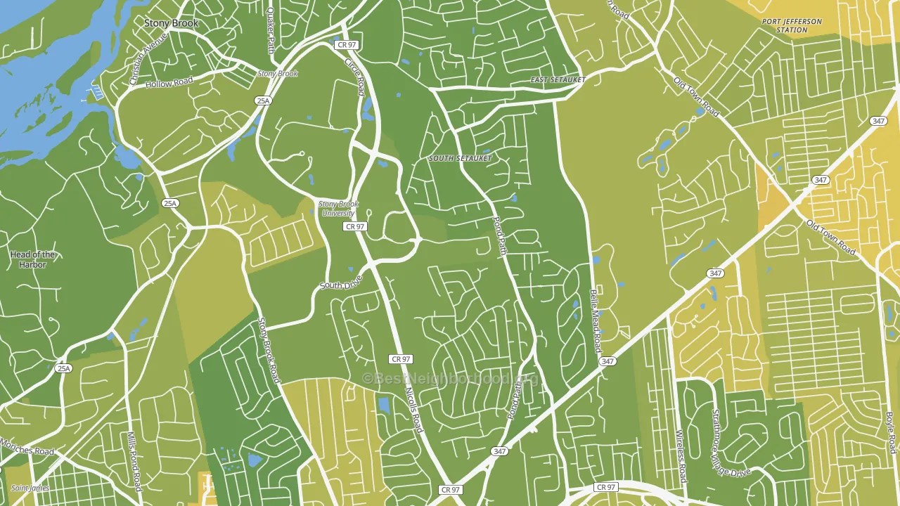 Map of the best neighborhoods in the Stony Brook University area, with better matches in green and worse matches in red