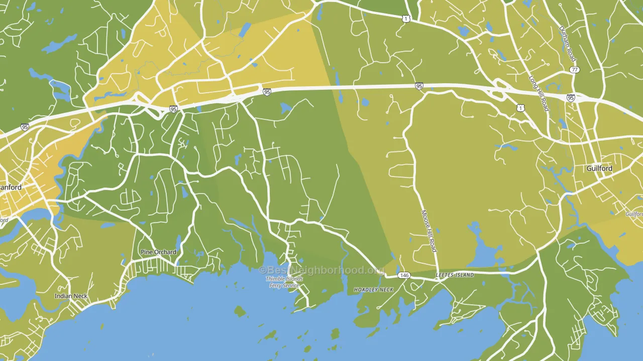 Map of the best neighborhoods in the Stony Creek area, with better matches in green and worse matches in red