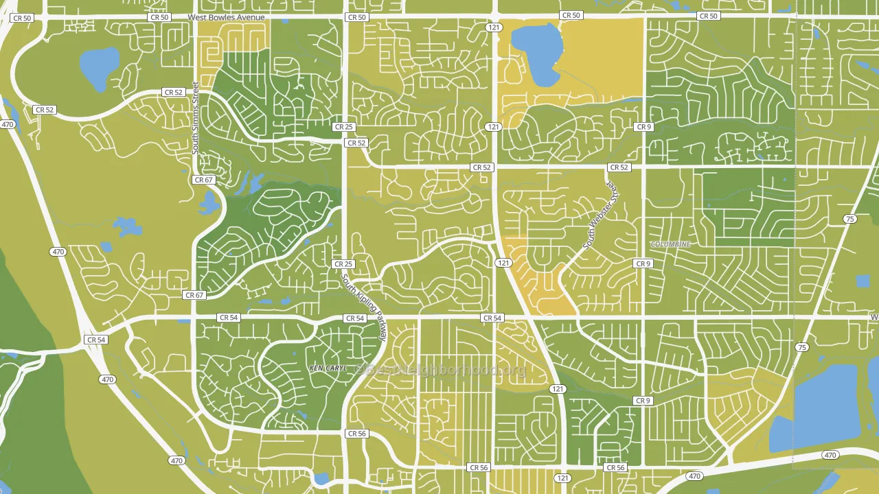 Map of the best neighborhoods in the Stony Creek, Ken Caryl area, with better matches in green and worse matches in red