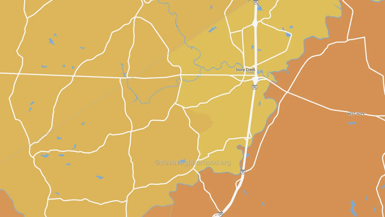 Map of the best neighborhoods in the Stony Creek area, with better matches in green and worse matches in red