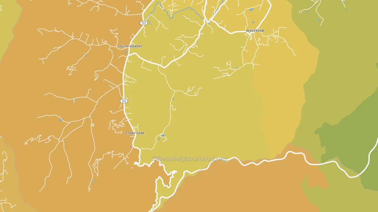 Map of the best neighborhoods in the Stony Fork area, with better matches in green and worse matches in red