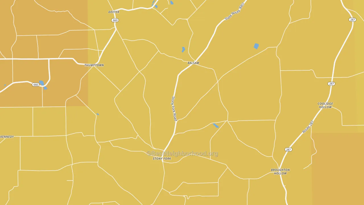 Map of the best neighborhoods in the Stony Fork area, with better matches in green and worse matches in red