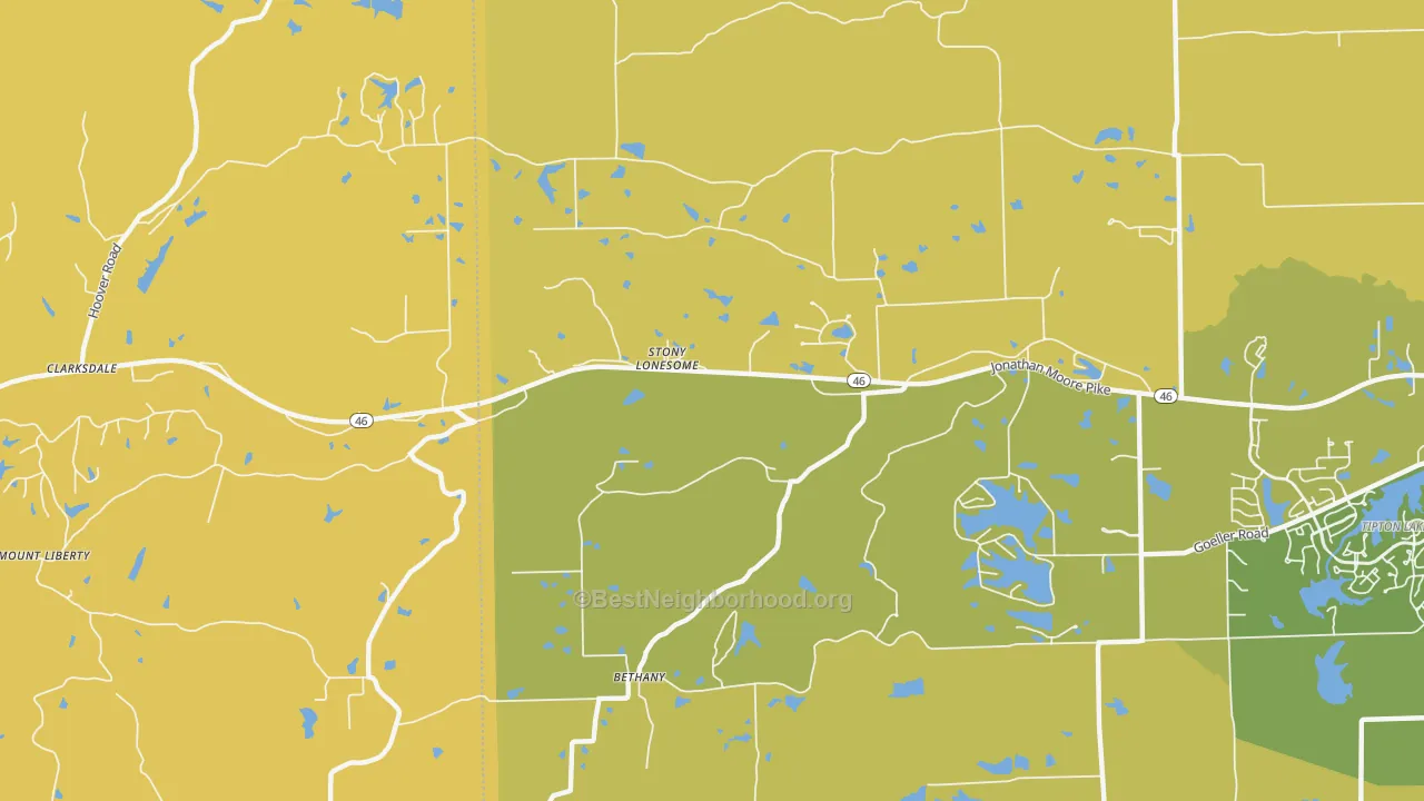 Map of the best neighborhoods in the Stony Lonesome area, with better matches in green and worse matches in red
