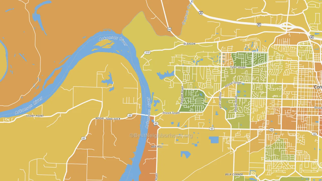 Map of the best neighborhoods in the Stony Point area, with better matches in green and worse matches in red