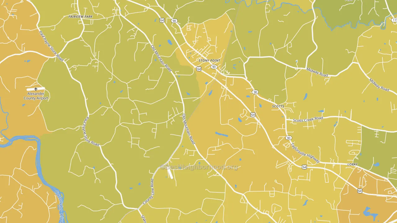 Map of the best neighborhoods in the Stony Point area, with better matches in green and worse matches in red