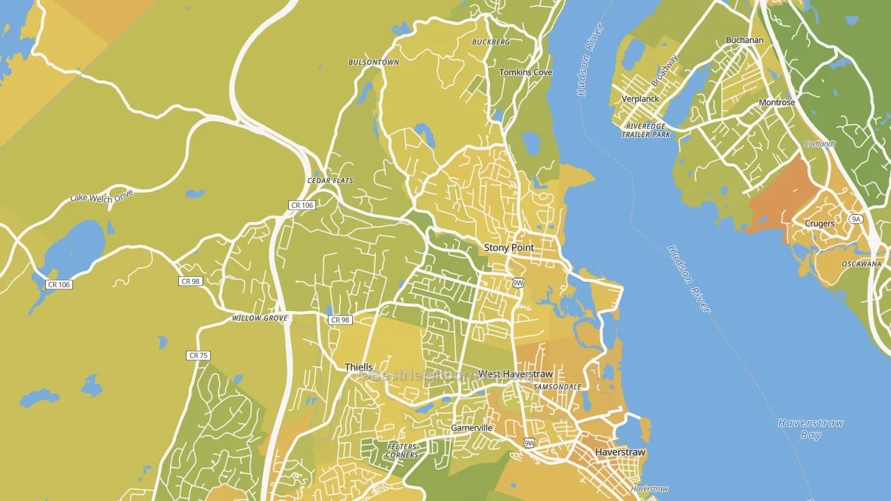 Map of the best neighborhoods in the Stony Point area, with better matches in green and worse matches in red